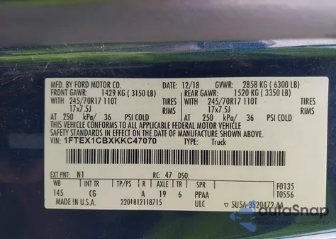 2019 Ford F-150 Xl из США, поврежденный, VIN 1FTEX1CBXKKC47070